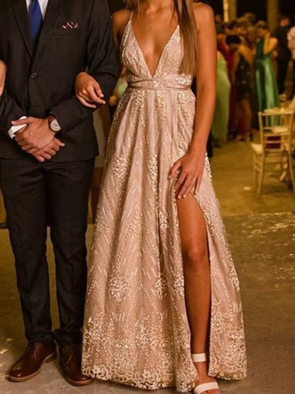 Sleeveless A Line V Neck Lace Prom Dress with Leg Slit, Backless Formal Dresses, Lace Graduation Evening Dresses