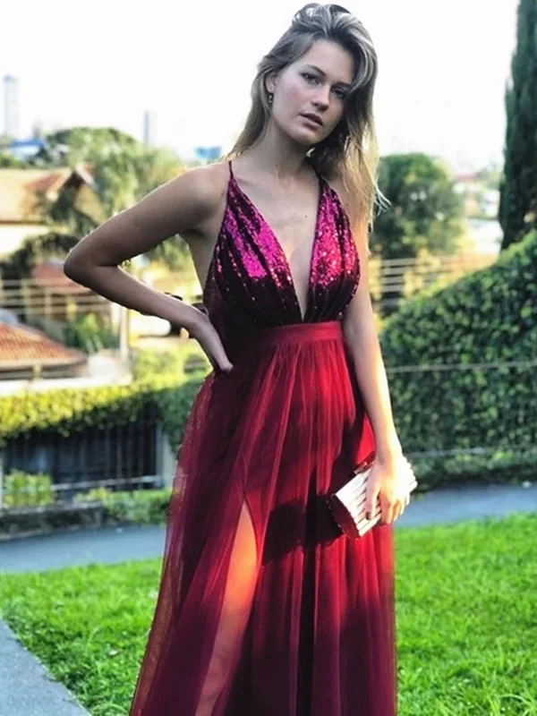 A Line V Neck Backless Burgundy Prom Dresses, Backless Burgundy Formal Evening Dresses