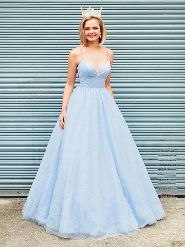 V Neck Light Blue Backless Prom Dresses, V Neck Open Back Light Blue Formal Evening Dresses