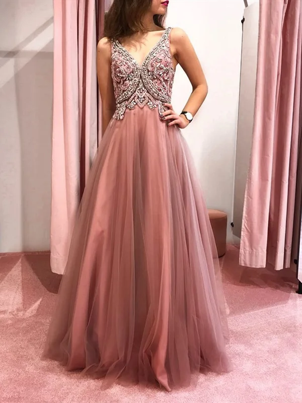 Pink V Neck Backless Beaded Prom Dresses, Pink Backless Formal Graduation Evening Dresses