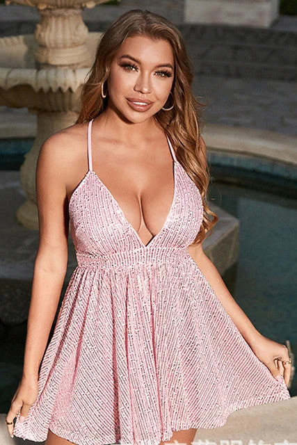 Pink Sequins V-Neck Crisscross Back Short Cocktail Dress