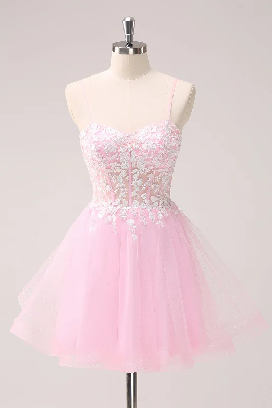 Pink A Line Spaghetti Straps Tulle Corset Homecoming Dress with Appliques