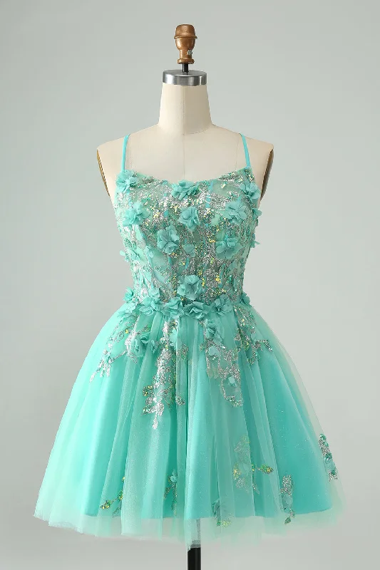 Green A Line Sequins Corset Short Tulle Homecoming Dress with Appliques Tunics Formal black