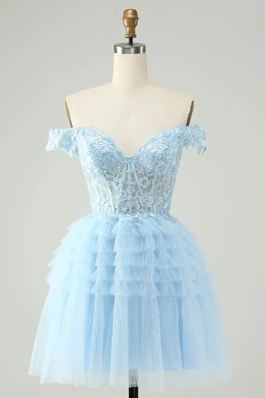 Light Blue A Line Off The Shoulder Corset Short Homecoming Dress