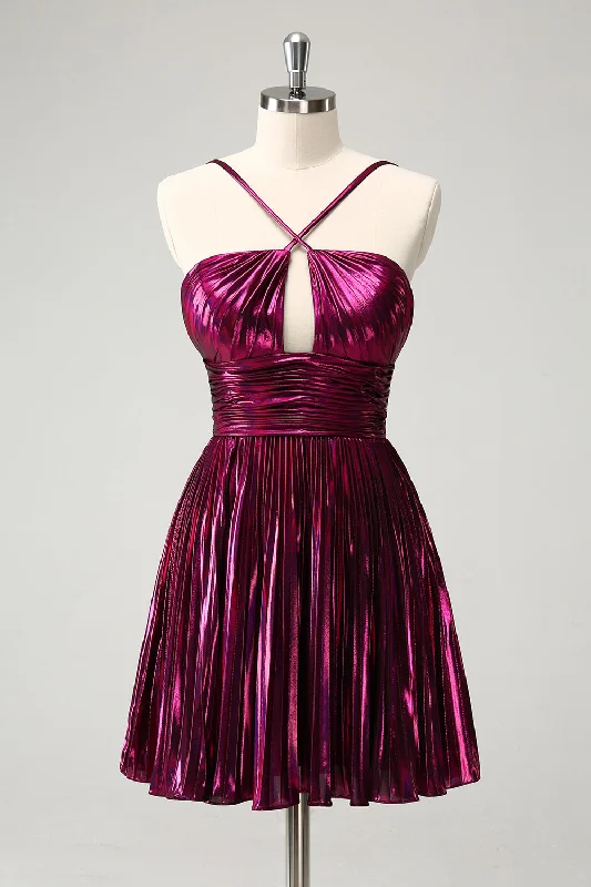 Purple A Line Halter Pleated Short Homecoming Dress With Hollow Out