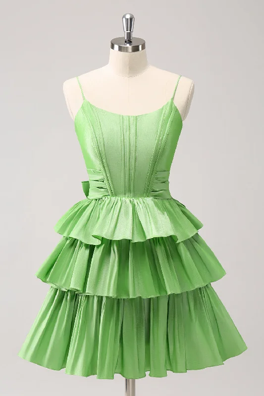Cute A Line Corset Green Pleated Tiered Short Homecoming Dress with Bows Tunics Satin smooth