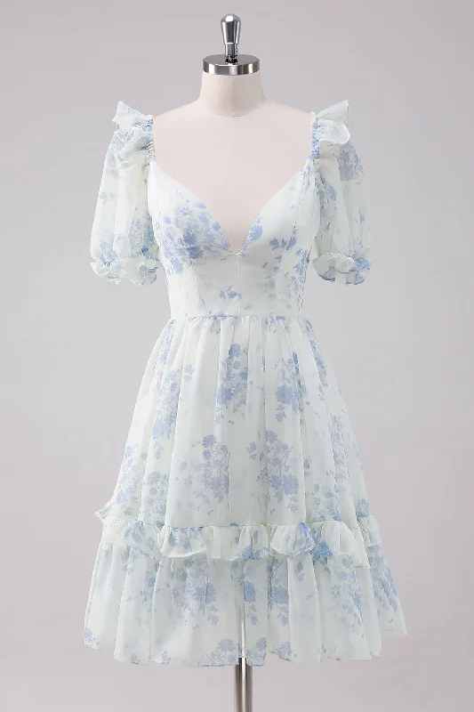 Light Blue Floral Short Homecoming Dress with Short Sleeves