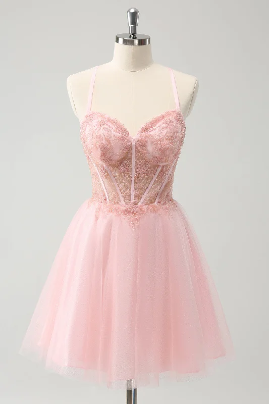 Pink Tulle A-Line Short Homecoming Dress with Beading