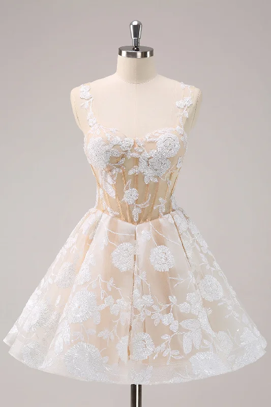 Sparkly White A-Line Floral Corset Short Homecoming Dress Cowl Neckline Elegant