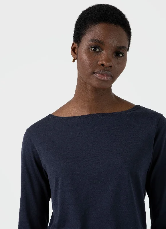 Women's Boat Neck T-shirt in Navy Satin Fabric Silk Fabric Chiffon Fabric