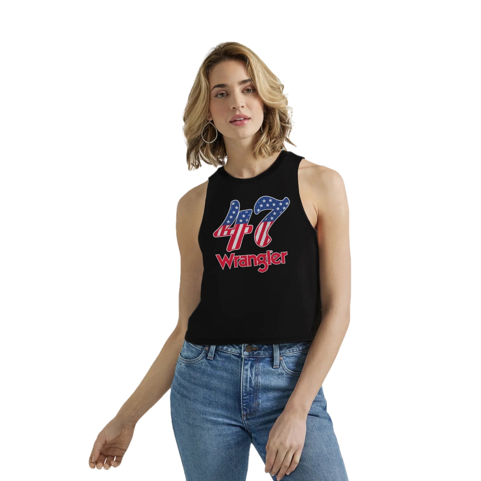 Wrangler Retro  Graphic Jet Black Cropped Tank Top Mesh Blend Leather Blend Suede Blend