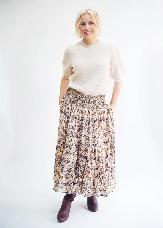 SALE Cotton Block Print Skirt - beige, blue and berry Print