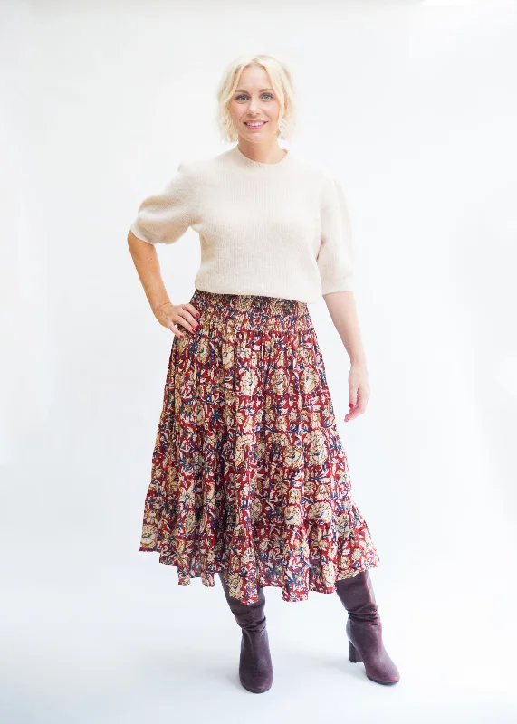 SALE Cotton Block Print Skirt - Red, Beige & Blue