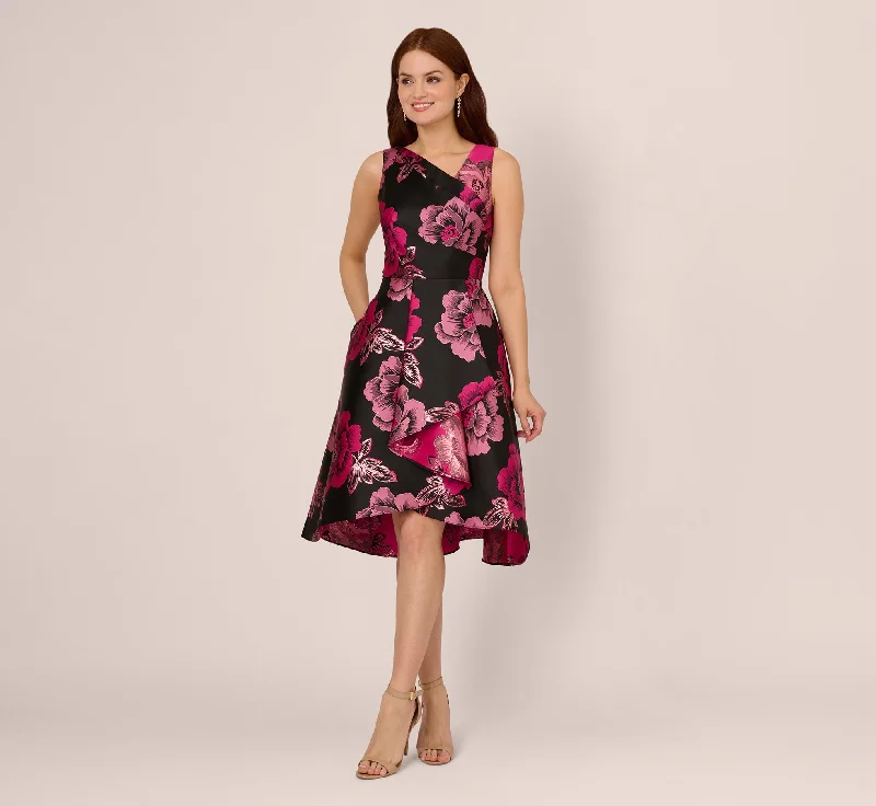 Floral Jacquard High Low Midi Dress With Asymmetrical Neckline In Black Pink Feminine Pleated Skirt