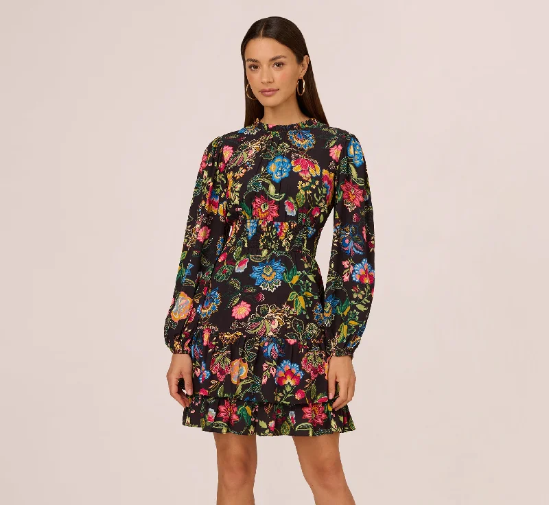 Floral Print Dress With Long Bishop Sleeves In Black Multi Vintage Floral Print
