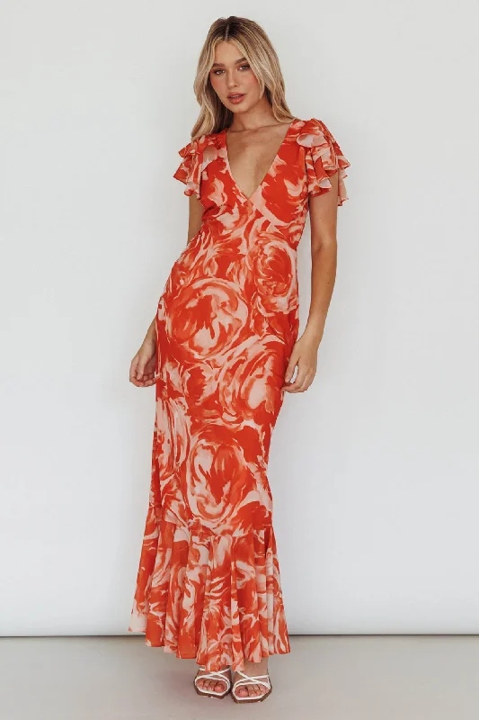 Lydiah Ruffle Sleeve Maxi Dress Floral Orange Soft Wrap Skirt