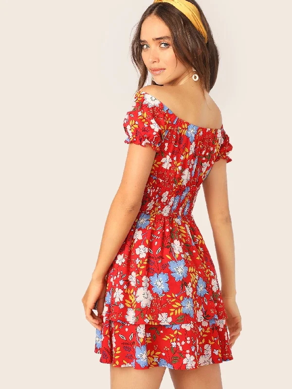 Off Shoulder Shirred Waist Floral Print Dress Fun Floral Design
