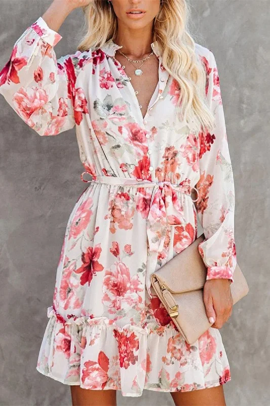 Floral Button Front Deep Modern V Beach Ruffle Dress Light Floral Skirt