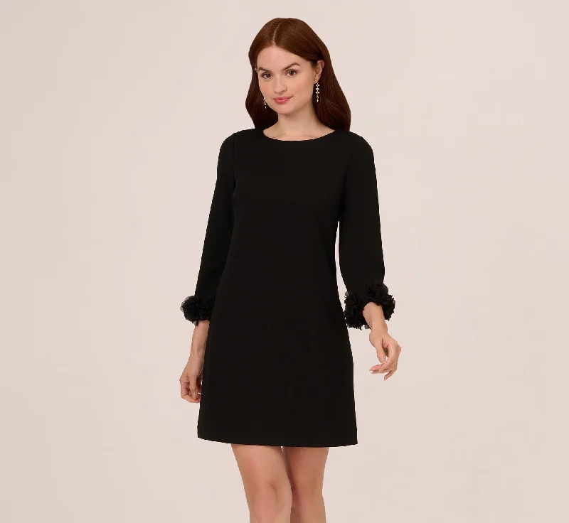 Three Quarter Sleeve Shift Dress With Floral Embellished Cuffs In Black Flirty Floral Skirt