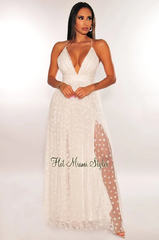 White Floral Embroidered Mesh Criss Cross Back Double Slit Maxi Dress