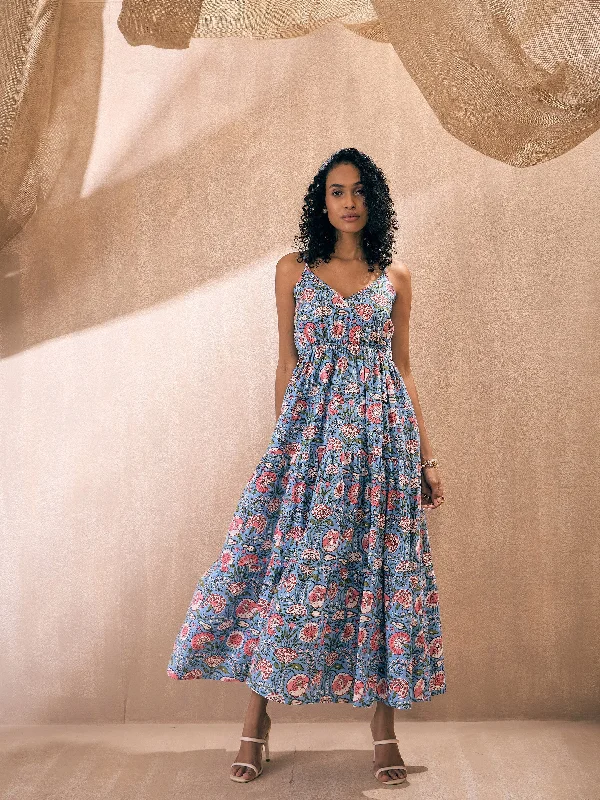 Women Blue Floral Strappy Tiered Maxi Colorful Printed Skirt