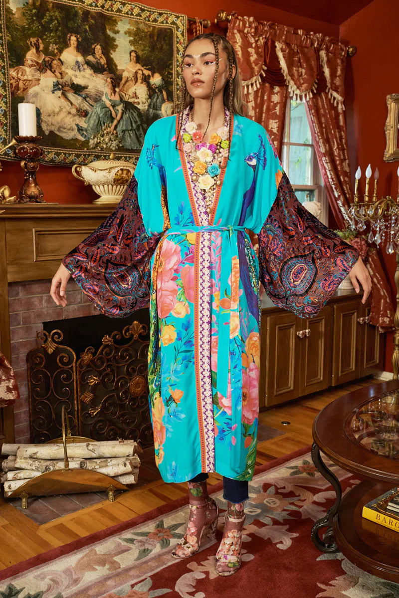 Fantasy Aqua Peacock Kimono Rayon Fabric Velvet Fabric Corduroy Fabric