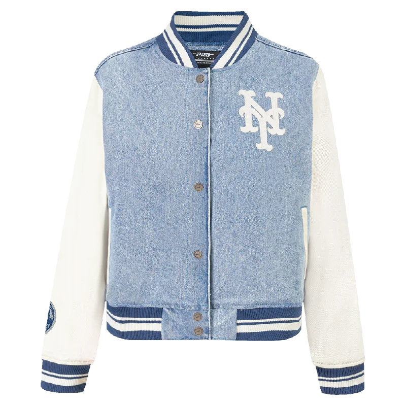 MLB NEW YORK METS VARSITY BLUES WOMEN'S DENIM VARSITY JACKET (DENIM/LINEN) Luxe Faux Fur Coat