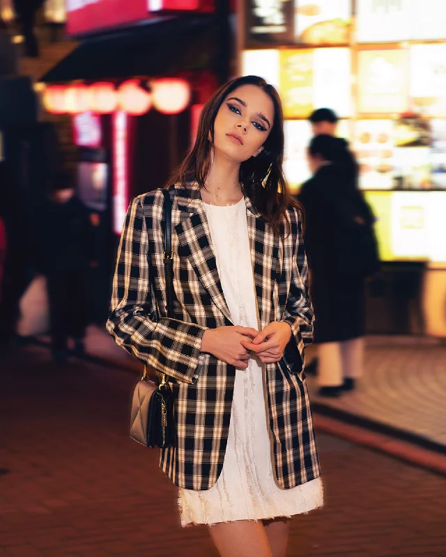 Love & Mercy Checked Blazer - Black Check Draped Longline Jacket
