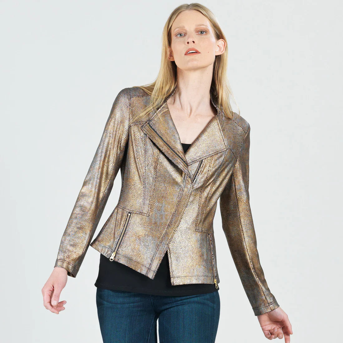 Metallic Liquid Leather™ Textured Signature Jacket - Copper Stand-Up Collar Roll-Neck Collar Turtle Neck Metallic Liquid Leather™ Textured Signature Jacket - Copper Stand-Up Collar Roll-Neck Collar Turtle Neck