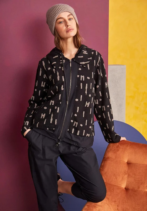Naya Print Design Ribbed Zipped Hoodie, Black & Cobble Stone Buttoned Zippered Snapped