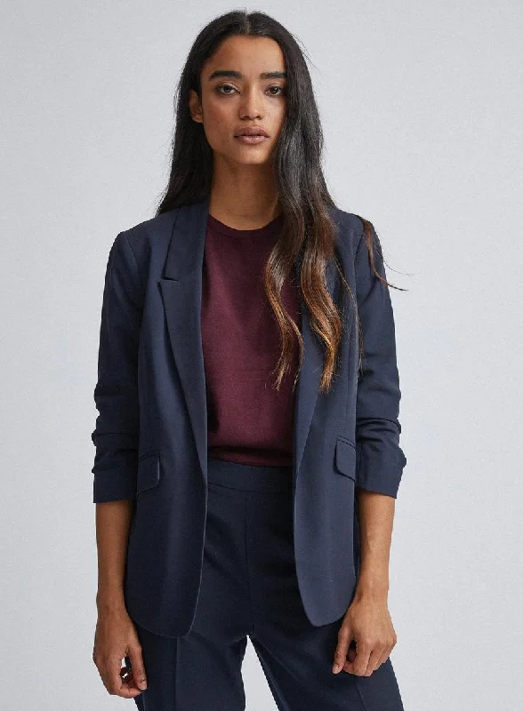 Petit Navy Ruched Sleeve Blazer Insulated Jacket Fitted Jacket Loose Jacket