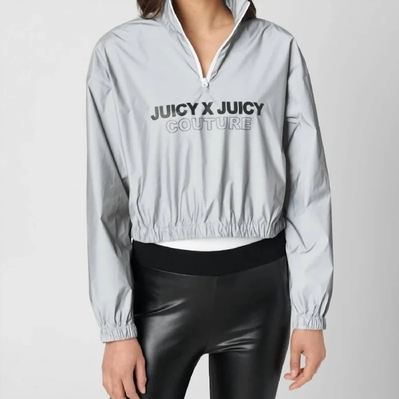 Women's Reflective Half Zip Up Jacket In Silver Front Pockets Side Pockets Patch Pockets Women's Reflective Half Zip Up Jacket In Silver Front Pockets Side Pockets Patch Pockets
