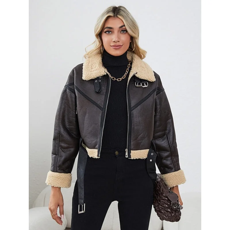 Women's Winter Warm Synthetic Leather Moto Biker Zipper Short Jacket with Belt