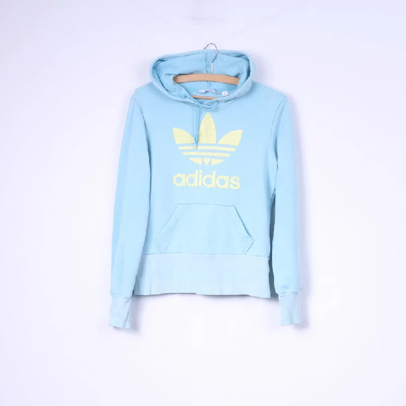 Adidas Womens 14 M Sweatshirt Hooded Light Blue Yellow Logo Sportswear Top Hoodie with Hem Ribbing Snug Secure