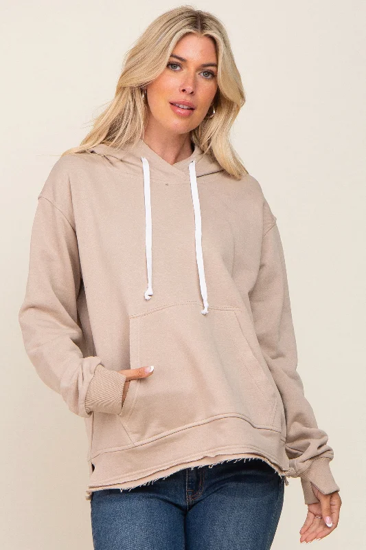 Beige Raw Edge Trim Drawstring Hoodie Hoodie with Batwing Sleeves Loose Dramatic