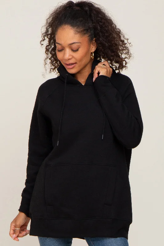 Black Fleece Front Pocket Hoodie Hoodie with Back Slit Movement Comfort