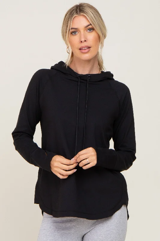 Black Hooded Long Sleeve Active Top Hoodie with Toggle Buttons Decorative Unique