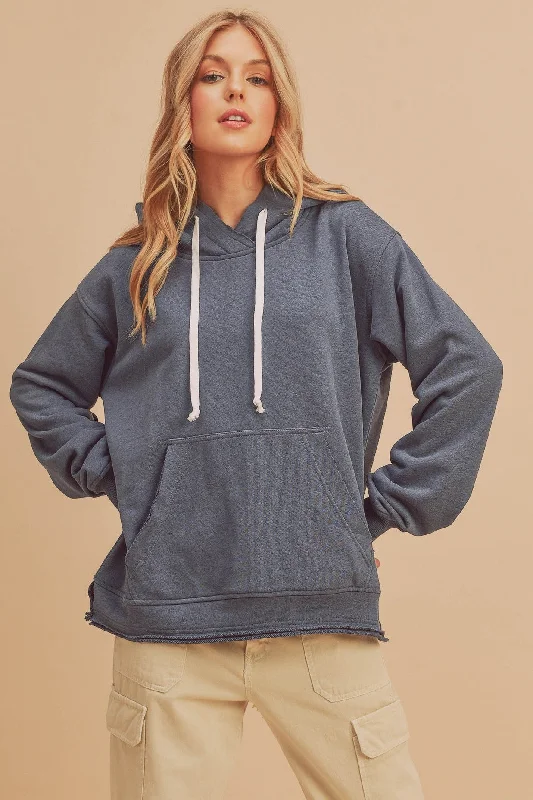 Blue Raw Edge Trim Drawstring Hoodie Hoodie with Elastic Cuffs Stretchable Comfortable