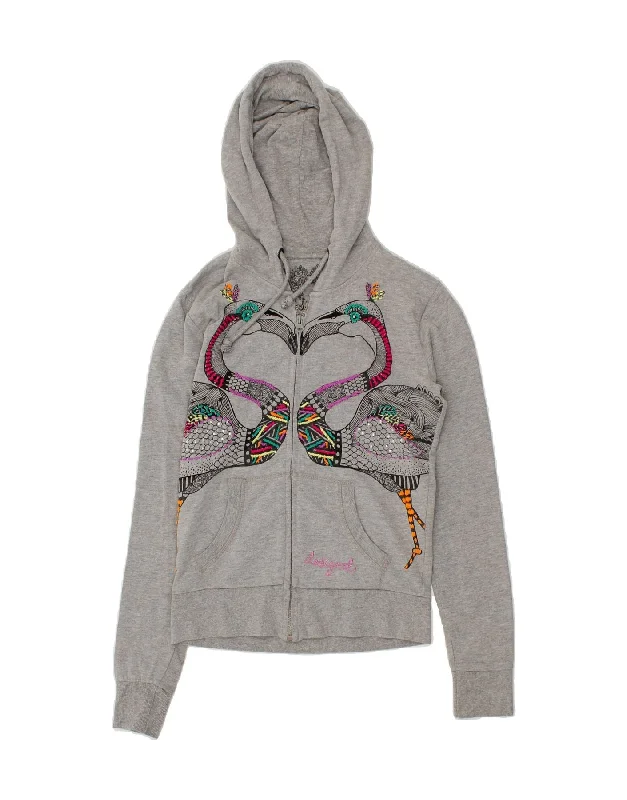 DESIGUAL Womens Graphic Zip Hoodie Sweater UK 12 Medium Grey Cotton Hoodie with Hem Embroidery Detailed Premium DESIGUAL Womens Graphic Zip Hoodie Sweater UK 12 Medium Grey Cotton Hoodie with Hem Embroidery Detailed Premium