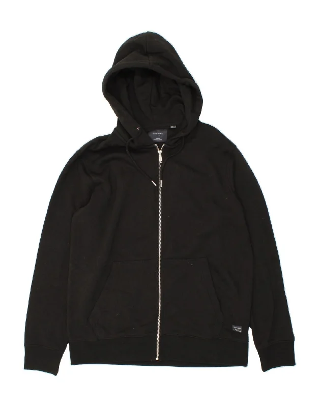 JACK & JONES Mens Zip Hoodie Sweater XL Black Cotton Hoodie with High-Low Hem Asymmetrical Trendy