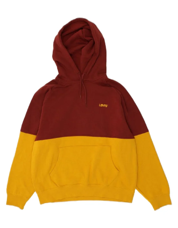 LEVI'S Mens Hoodie Jumper Medium Burgundy Colourblock Cotton Hoodie with Drop Shoulder Relaxed Streetwear