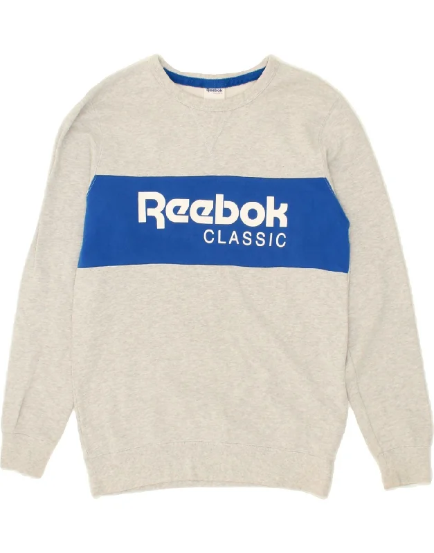 REEBOK Mens Graphic Sweatshirt Jumper Small Grey Cotton Hoodie with Rolled Sleeves Casual Relaxed