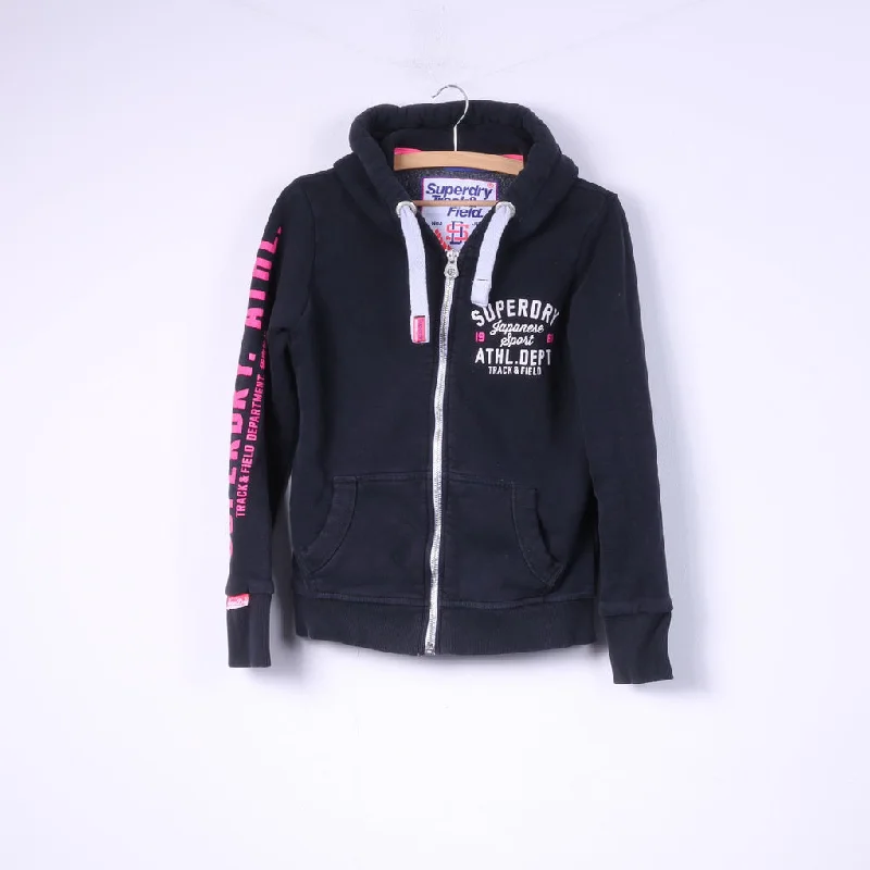 Superdry Womens M Sweatshirt Full Zipper Navy Top Track&Field Cotton Hooded Hoodie with Crew Neck Simple Timeless