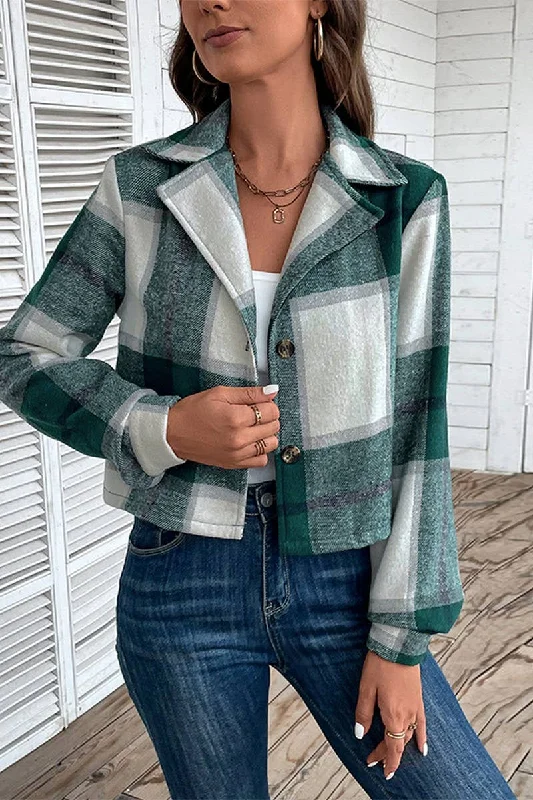 Short Plaid Vintage Lapel Cardigan Coat Ribbed Knit Sweater