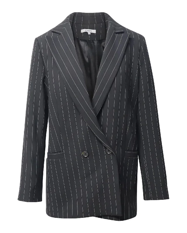 Striped Double-Breasted Blazer in Black Polyester Women's Vacation Suit