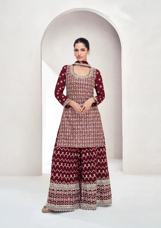 Wine Red Chinnon Silk Palazzo Suit with Embroidered Dupatta Women's Short Blazer